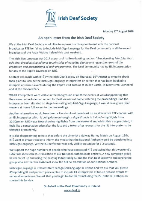 ISL open letter to RTE